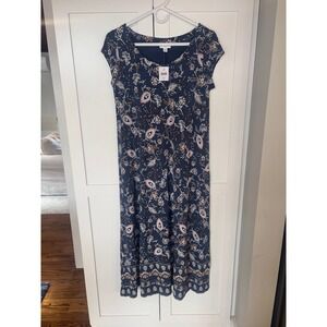 NWT J. Jill Floral Print Midi Dress Navy Blue Cap Sleeve Women's Size Medium